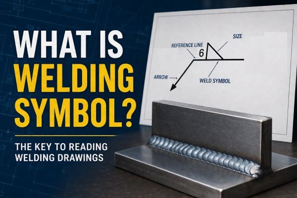 What is Welding Symbol blog thumbnail showing a weld joint, welding symbol diagram, and bold text explaining the key to reading welding drawings.